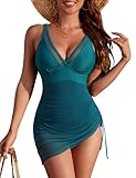 Blooming Jelly Women's One Piece Swimsuit Tummy Control Swim Dress Modest Slimming Bathing Suit Sexy Mesh Sarong Wraps Swim Suits (Dark Cyan,Medium)