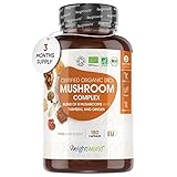 Hongos Complex Bio con Reishi, Lions Mane, Shitake, Maitake, Cordyceps, 180 Cápsulas Veganas - Mezcla de 8 Hongos Suplemento Orgánico, Combinación de Setas y Hongos Enriquecido Con Jengibre y Cúrcuma