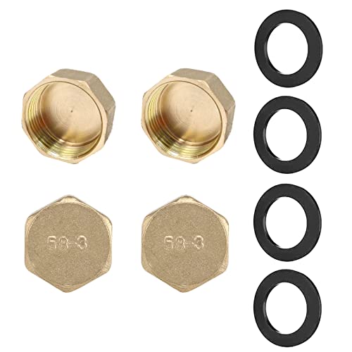 4Pcs 3/4" Capuchon Fileté en Laiton, avec Rondelles de Support de Tuyau,Capuchon Fileté en Laiton ,Bouchon Hexagonal en Laiton ,pour l'installation d'eau potable et chauffage Cover