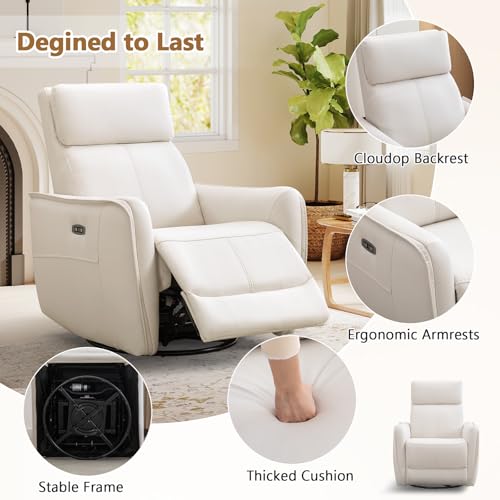 Image of HAOMARKETS Electric Swivel Rocker Recliner Chair, Power Faux Leather Glider Rocking Recliners for Adults,360 Swivel Nursery Reclining Sofa with USB Charging Port, White