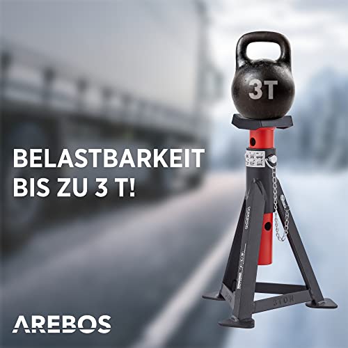 Foto von Arebos 2X Unterstellbock | je 3 Tonnen Tragkraft | höhenverstellbar 299-442 mm | Unterstellbock Set | Wagenheber Ständer | Stützböcke mit Sicherungssplint & Gummiauflagen | Stützfuß, Stahl