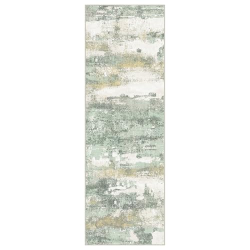 Runner Rug for Hallway Kitchen, 2x8 Machine Washable Runners Rug for Entryway, Light Green Soft Modern Abstract Throw Rugs, Low Pile Floor Carpet with Non Slip Backing