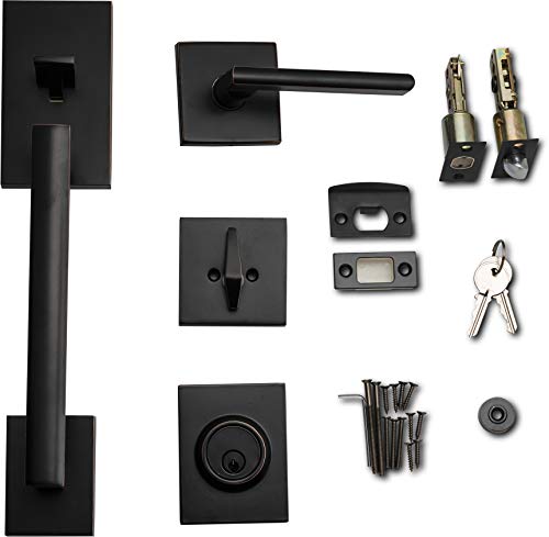 Image of Berlin Modisch HandleSet Front Door Entry Handle and Deadbolt Lock Set Slim Square Single Cylinder Deadbolt and Lever Reversible for Right & Left Sided Doors Heavy Duty - Oil Rubbed Bronze