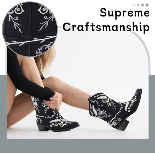 LingxiaUne Women's Western Cowboy Boots - Intricate White Embroidery Mid - Heel Boots3