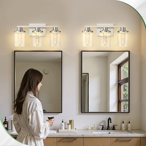 Image of DORESshop 3-Light Brushed Nickel Bathroom Light Fixtures, Crystal LED Bathroom Lights Dimmable Light with Clear Glass Shade,Vanity Lights for Living Room