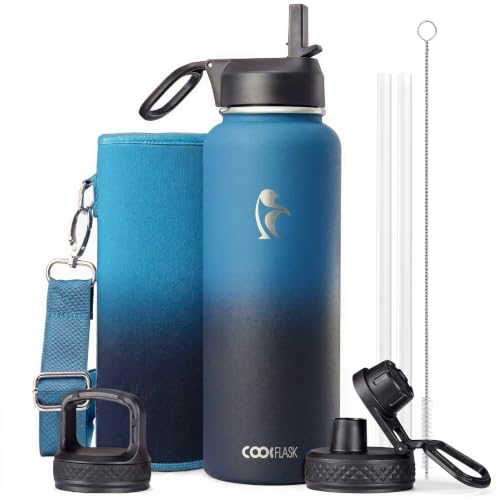 Image of Coolflask 40 oz Water Bottle Insulated with Straw & 3 Leakproof Lids