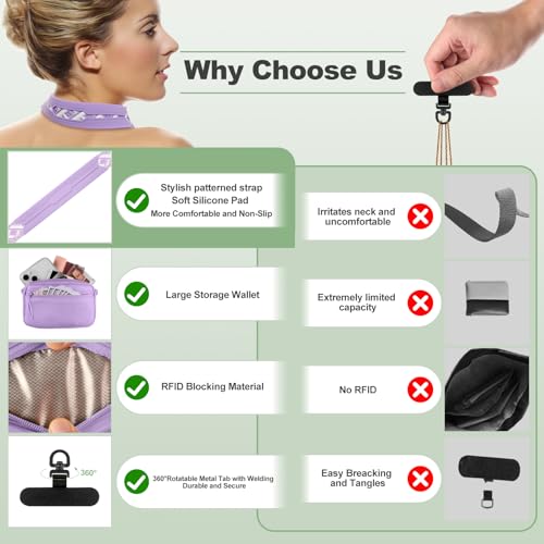 Image of YFWE Clip and Go Strap for Phone with Wallet Crossbody, Adjustable Phone Lanyard with Detachable RFID Wristlet Wallet, Pattern Strap, Purple (M)