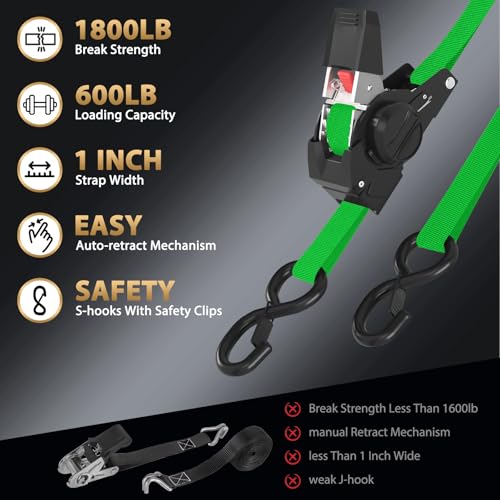 Image of Retractable Ratchet Straps (4-Pack) - 1 in x 10 Ft (1800 LB Break Strength) Heavy Duty Self Retracting Ratchet Straps with Soft Loops & Storage Bag for Household, Motorcycle, Truck, ATV(Green)