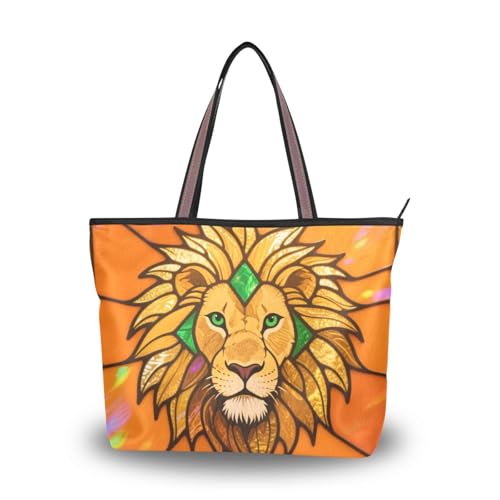 silk fabric zippered tote bag trendy tote handbags for women for Everyday & Travel (Golden Glass Lion) L - Main Image