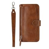 ADINGA- Genuine Leather Phone case for iPhone 15/15pro/15pro Max/15 Plus Wrist Strap Card Holder Zipper Wallet Style Anti-Fall Protective case (Brown,15)