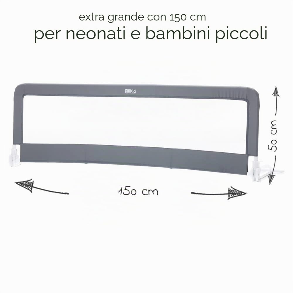 Fillikid sponda letto bambini e neonati più alta 150 x 50 cm - barriera lettino bambino pieghevole per letti standard e boxspring - grigio bianco