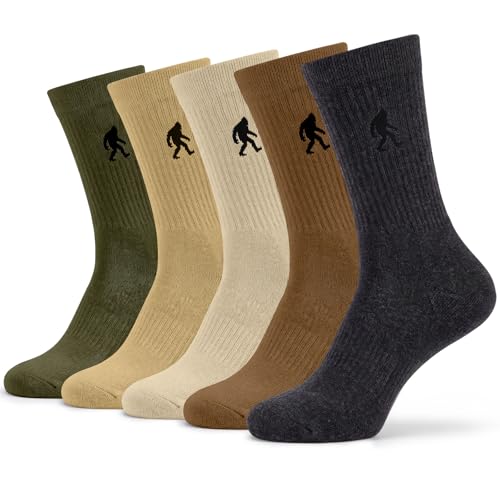 Newcotte 5 Pack Sasquatch Bigfoot Crew Socks for Men Cotton Funny Gifts for Him Dad Husband Boyfriend Grandpa Fathers Day(Sasquatch Bigfoot Earth Color)