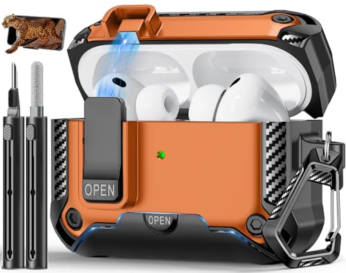 Image of for AirPods Pro 3 Case with Lock & Phone Stand(Orange) | Automatic Snap Switch Lock,Carbon Fiber Texture Design Cover with Cleaner Kit