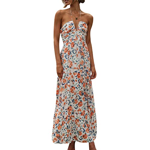 Image of Owl's-Yard Women Ruffle Spaghetti Strap Dress Sexy Backless Tiered Flowy Sundresses Boho Beach Long Dress Clubwear (M-02, XL)