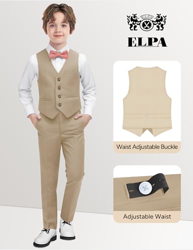 Image of Boys Khaki Suit 5 Pieces Slim Fit Kids Formal Tuxedo Suit Set for Wedding Ring Bearer, Easter, First Communion, Confirmation, Graduation Little Boys Size 6