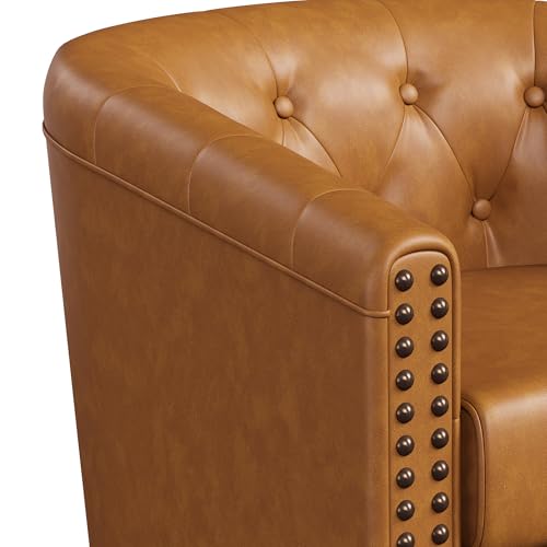 Image of Swivel Barrel Accent Chairs Set of 2, Round Faux Leather Living Room Arm Chairs, Modern Upholstered Comfty Reading Nook Chairs for Bedroom, Small Club Armchairs, Sofa Side Chairs, Brown