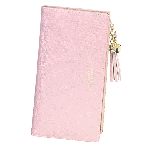 SUMGOGO Wallets for Women Slim Clutch Purse Handbag Card Holder Womens Long Tassel Zipper Pocket Fashion Taiga Leather Billfold Wallet (Pink)