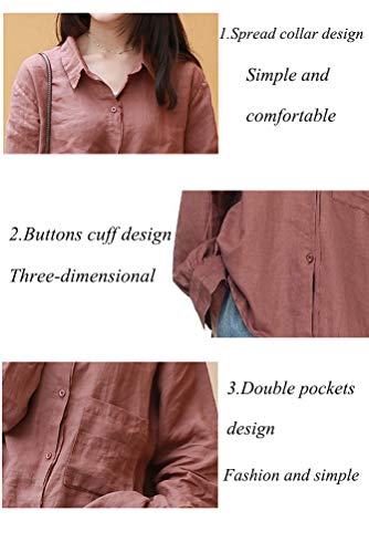 Minibee Women's Casual Cotton Linen Blouse High Low Shirt Long Sleeve Tops (M, Coffee)