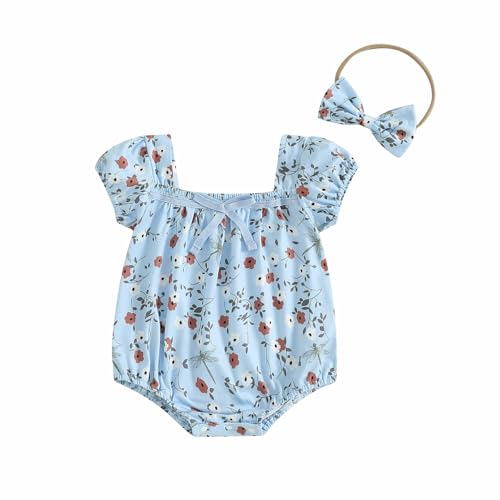 Newborn Baby Girl Summer Clothes Floral Short Sleeve Smocked Bubble Rmper Jumpsuit Bodysuit Boho One Piece Clothes