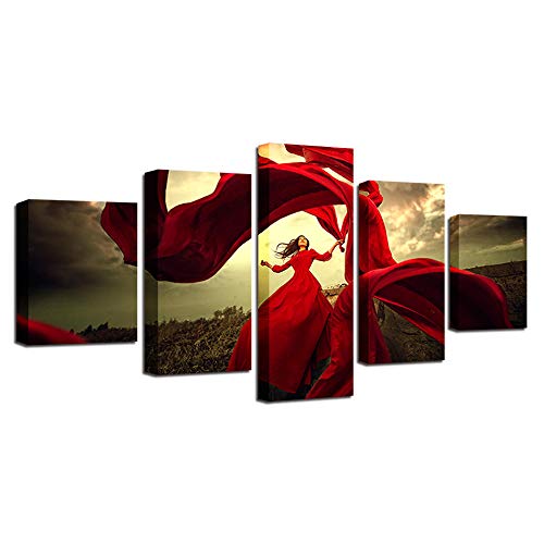 Impression sur toile 5 pièces femme en robe rouge | Image décoration murale salon