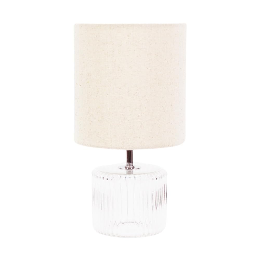 ValueLights | Clear Glass Base Table Lamp with Natural Fabric Drum Lampshade Living Room Bedside Light | Table Lamps, Home Décor & Improvement Essential | Included LED Bulb