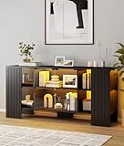 Lamtor Sideboard Buffet Cabinet with Storage - 58' Bar Cabinet with LED Lights, Kitchen Sideboard with Glass Doors, Fluted Buffet Table for Dining Room, Living Room, Black
