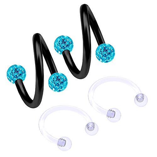 2pc 16g Spiral Cartilage Barbell Lip 16 Gauge Eyebrow Ear Twister Belly Bars Helix Twist Daith Button Ring Navel Victoria Clit Hood Earring Hoop Tragus - Aquamarine 8mm