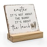 ANIANG Easter Christian Desk Decor, Vintage Easter Lamb Decor, Farmhouse Religious Wood Plaque, It's Not About Bunny It's About the Lamb Wooden Plaque Sign with Wood Stand for Home Office