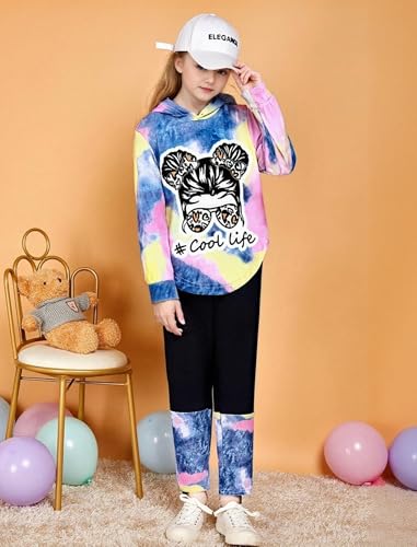 Image of Girls 2 Pcs Fall Winter Tie Dye & Leggings Outfits For Teens 5-14 | 2026 Girls Fashion Trendy, Long Sleeve Hoodie, Cool Life Print, Patchwork Pants, Back to School Holiday Tracksuit