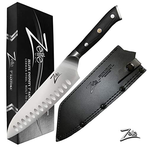 Zelite Infinity Santoku Knife 7 Inch - Alpha-Royal German Series - German High Carbon Stainless Steel - Pakkawood Handle, Leather Sheath