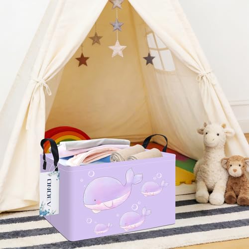 Image of Rectangular Purple Whale Waterproof Collapsible Storage Bin Organizer | stain-proof canvas, reinforced handles, planet print for laundry, study, living room, hallway, closet and playroom