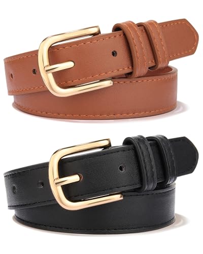 Kajeer Girls Kids Belt 2 Pcs Durable LeatherDurable 9 Hole Gold Buckle Adjustable Youth Toddler Belt for Uniform Casual