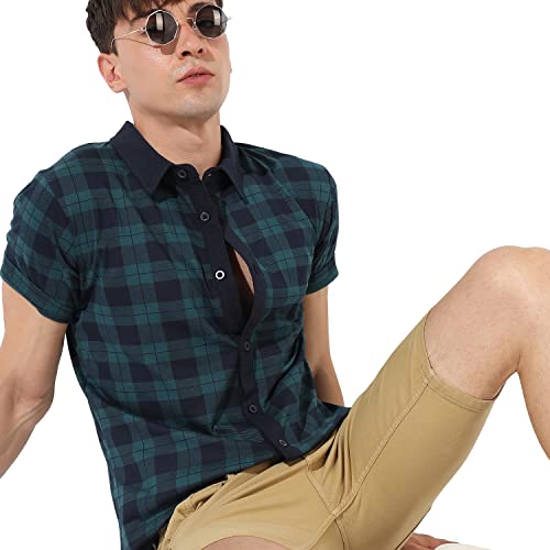 Image of CAHOOT Men's Blue Checkered Button Up Collared Shirt for Casual Wear | Shirt Crafted with Comfort Fit, Regular Sleeve & High-Performance for Everyday Wear
