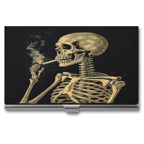 VstaDank A Skeleton with Burning Cigarette Business Card Holder Fashion Aluminum Alloy Flip Cover Credit Card Holder High End Professional Name Cards Case Exquisite Pocket Metal Cards Holder for Work