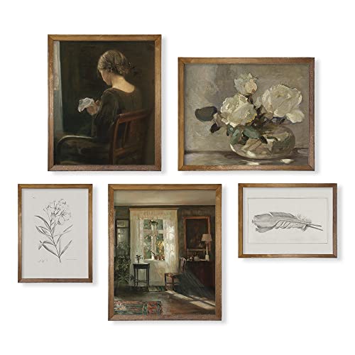 Vintage Farmhouse Wall Decor - Flower Portrait Neutral Wall Art For Boho French Country Kitchen, Bathroom, Bedroom Picture Poster Print, Beige Room Decor Aesthetic Botanical Cottagecore 5 Set Unframed #TOP14