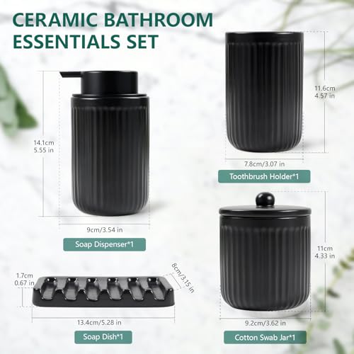 Image of BosilunLife Striped Black Ceramic Bathroom Accessories Set of 4 | Bathroom Decor Sets Accessories Bathroom Lotion Soap Dispenser and Toothbrush Holder Set, Soap Dish, Apothecary Jars.(Liquid)
