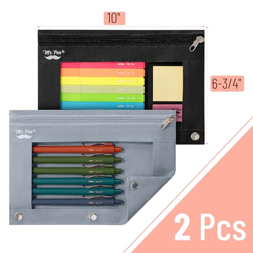 Image of Mr. Pen- Pencil Pouch for 3 Ring Binder, 2 Pack, 10 inchx6.75 inch, Smooth Zipper | Clear Window, Large Capacity Pencil Case with 3 Reinforced Grommets for School, Office, Supplies Storage | Clear Window, Large Capacity Pencil Case with 3 Reinforced Grommets for School, Office, Supplies Storage