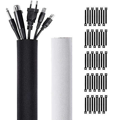 Kootek 118-Inch Cuttable Cable Cord Sleeves with 50 Pcs Cable Ties, Reusable Neoprene Wire Management Sleeves Organizer for TV Computer Office Desk