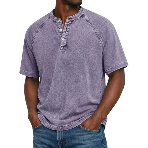 Image of Men's Distressed Henley Shirts Vintage Short Sleeve T-Shirts Pure Cotton Collar Casual Vintage V-Neck Button Solid Color Tee Shirts Summer Casual Henley Shirts (Purple, XL)
