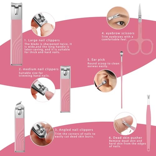 Glamne Nail Clippers for Women, 12cs Women's Grooming Kit, Multi-Purpose Manicure Pedicure Facial Tools Include Nail Clippers, Scissors, Tweezers with Mini Suitcase(Pink) - Image 5