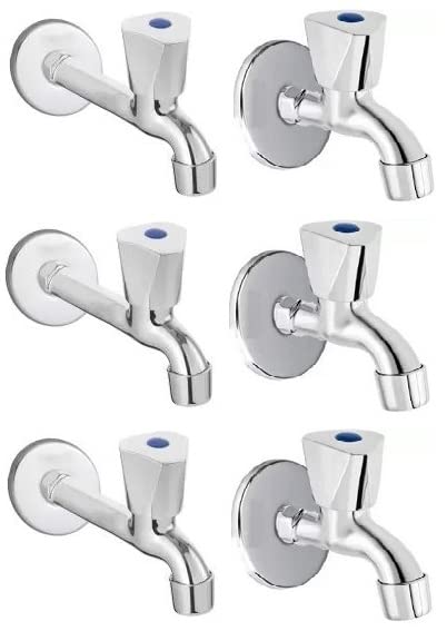 Spazio Stainless Steel Triangle Bib Cock with Long Body Combo Pack Foam Flow Water Taps with Wall Flange (Pack of 3) (Chrome Plated, Brass Disc)