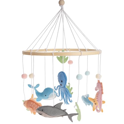 Image of First Landings Ocean Creatures Baby Mobile for Crib - Baby Nursery Mobiles - Ocean Nursery Decor Theme - Gender Neutral Baby Stuff - Ocean Animals Nursery Decor Baby Mobile - Ocean Baby Stuff