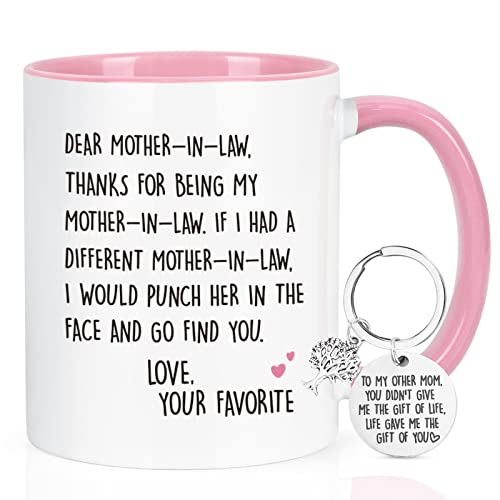 Maustic Gifts for Mother in Law, Mothers Day Christmas Birthday Gifts from Daughter Son in Law, Mother in Law Mug, 11 Oz Pink with Key Chain