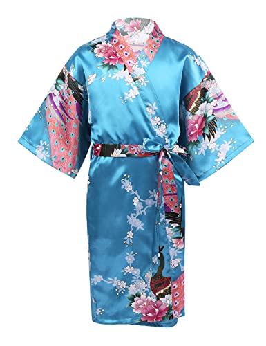 LiiYii Kimono Enfants Filles Robe de Chambre Peignoir en Satin Léger Vêtement de Nuit Pyjamas Intérieur Chemise Cosplay Japonaise Jeux Sleepwear 3-14 Ans Bleu 5-7 ans