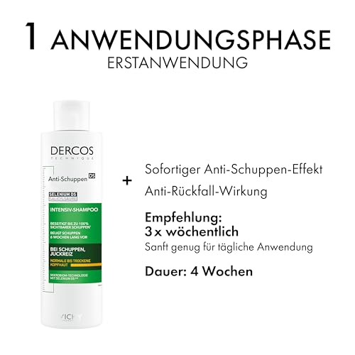 VICHY Anti-Schuppen Pflegeshampoo für trockenes Haar, 6 Wochen Anti-Rückfall-Wirkung, Frei von Parabenen, Mit Selendisulfid und Salicylsäure, Dercos Anti-Schuppen, 200 ml