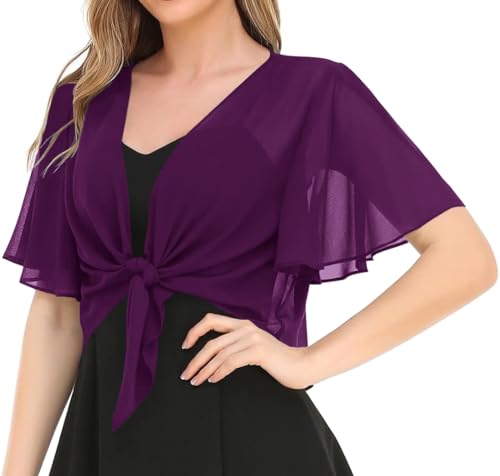 Image of Women's Solid Puff Sleeve Kimono Short Cardigan Loose Cover Up Casual Blouse Top Chiffon