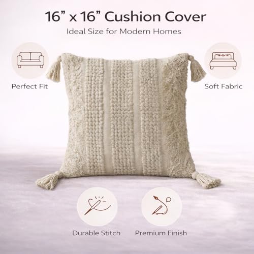 Image of SILK & YANA 16x16 Cotton Cushion Covers Set of 5 | Hand-Tufted Decorative Throw Pillow Covers with Boho, Geometric & Textured Designs | Tassel-Trimmed Covers for Sofa (Taupe-Cream)