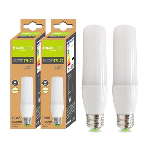 Maxled, Light is Led! Pack de 2 Bombilla LED E27 luz fria 12W LED Tubular Equivalente a 90W Halógenas Lámpara PLC E27 Bajo Consumo 4000K Blanco Frio PLC Tubo Bombillas para luz habitacion No Regulable