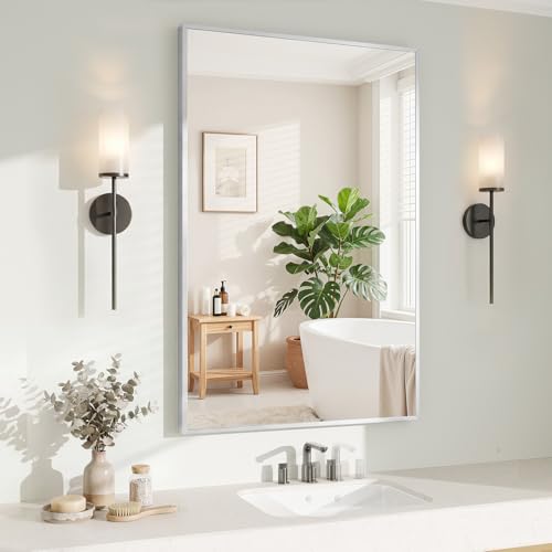 Image of Koonmi Silver Rectangle Wall Mirror, 26x38 Inch Bathroom Mirror, Aluminum Frame Vanity Mirror for Entryway, Living Room, Bedroom Bathroom, Hangs Horizontally or Vertically