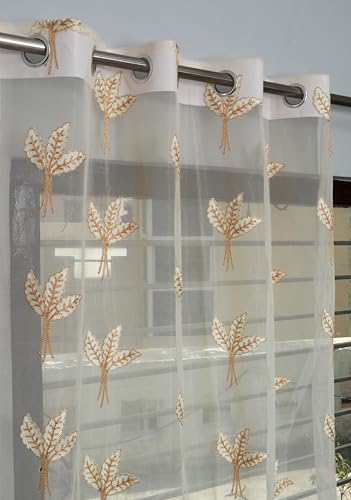 Image of littlelotus Leaf Pattern Embroidery Tissue Net Sheer Transparent Curtains for Door 7 feet Long Set of 2, Cream